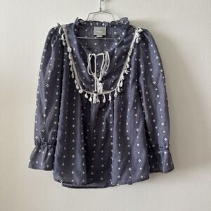 Maeve Embroidered Tassel Tie Neck Blouse Blue White Pattern Long Sleeve